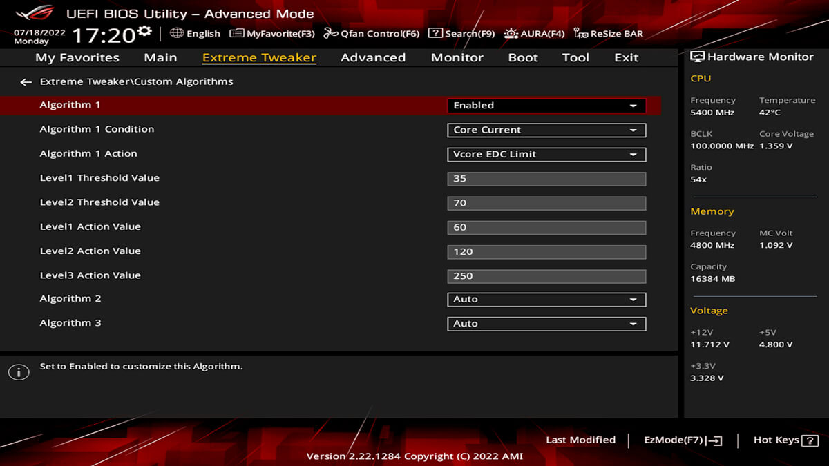 Este ejemplo UEFI muestra dos algoritmos para la configuración TDC y EDC.