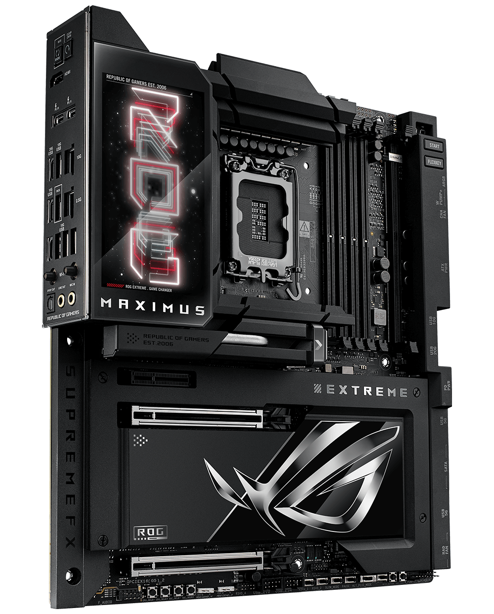 Das ROG Maximus Z790 Extreme Mainboard präsentiert die Konnektivität von PCIe 5.0, Thunderbolt, WIFI und die Unterstützung des Type-C-Anschlusses an der Frontplatte