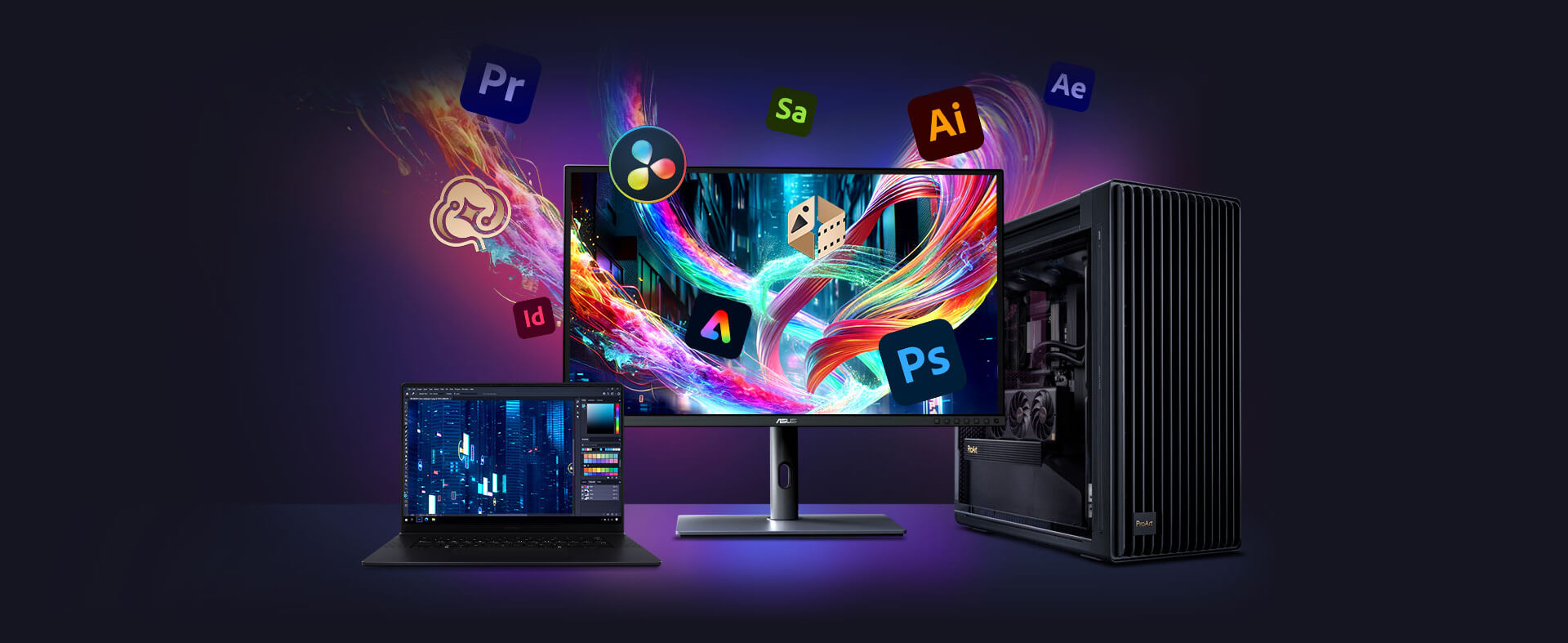 Desktop computer, laptop, and monitor displaying various creative software icons and colorful graphics