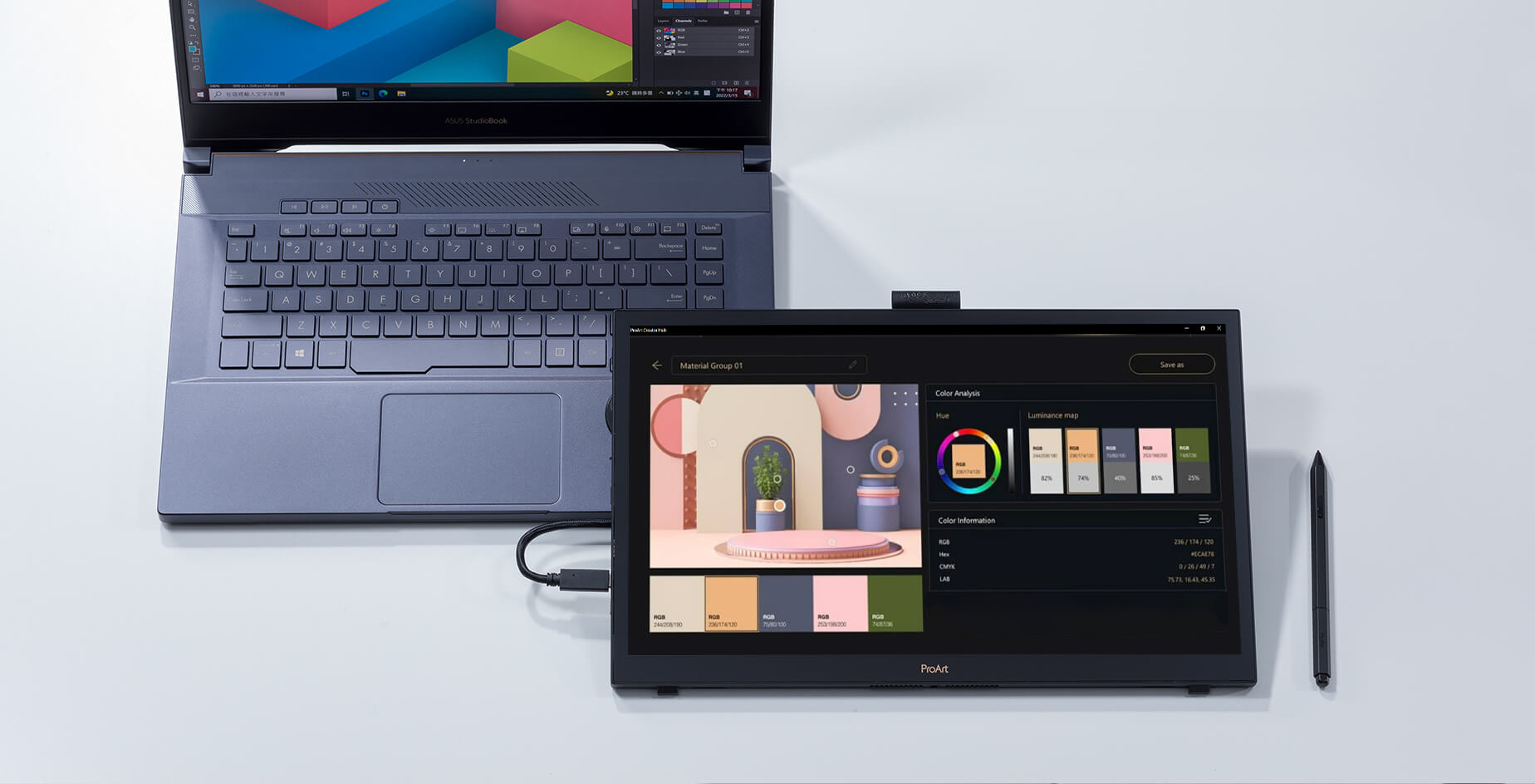 Een ProArt-monitor levert levendige beelden en de Color Management gebruikersinterface wordt getoond op een ProArt Pen Display