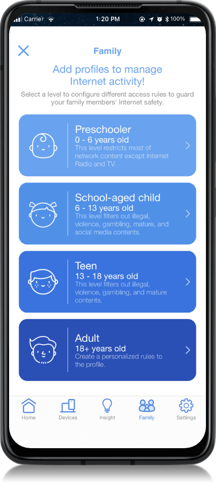 phone screen displays user interface of kid-safe preset profile