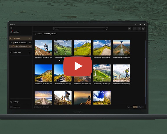 華碩獨家 AI 軟體 StoryCube，AI 影音檔案管理，透過 AI 進行人臉辨識、場景分類，並且以地圖及時間軸形式檢視，輕鬆匯入與管理數位媒體內容。