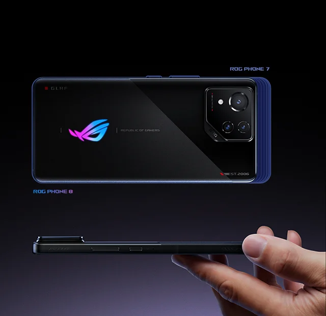 A picture of a hand holding ROG Phone 8 in side profile. Above is a picture of size comparsion of ROG Phone 8 and ROG Phone 7 in front profile view.