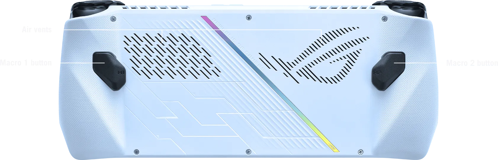 ROG Ally back view, button layout from left to right, Macro 1 button, Left Air vents, right air vents, Macro 2 button