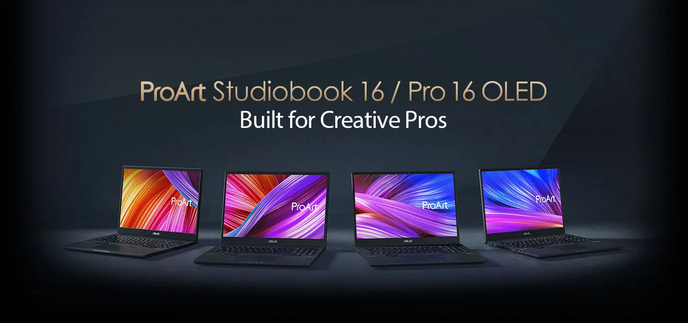 Four ProArt Studiobook 16 and Pro 16 OLED laptops place from left to right with a dark background